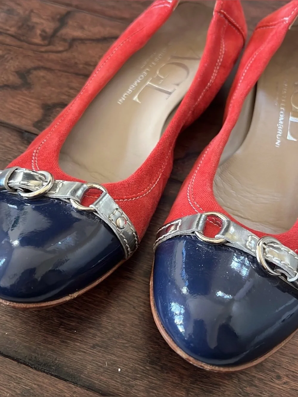 AGL Red Suede Flats with Navy Patent Cap-Toe and Silver Accent.
